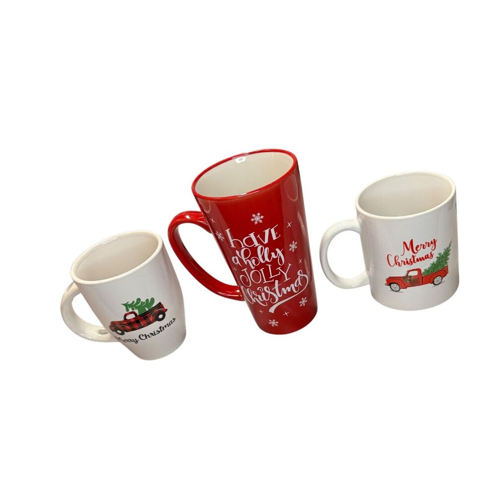 Set of 3 Holiday Coffee Mugs Merry Christmas & Holly Jolly Christmas Red Truck - Picture 5 of 5